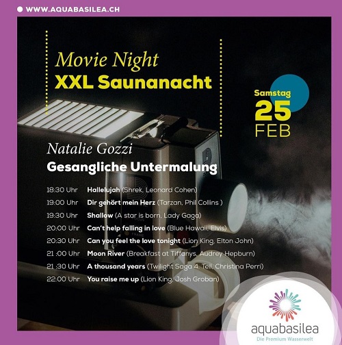 Setlist der Lieder, welche ich als Sängerin an der Movienight im Aquabasilea in Pratteln singen durfte.